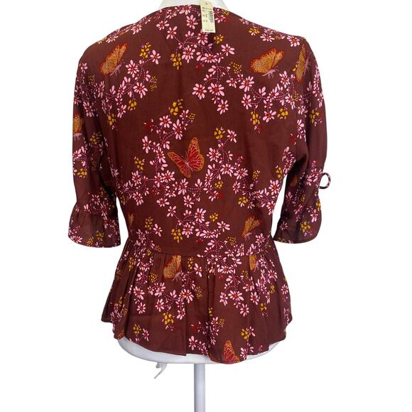 MADEWELL Butterfly Floral Wrap Blouse Ruffle Sleeve Burgundy Fairy Y2K Sz 2 NWT - Picture 7 of 12
